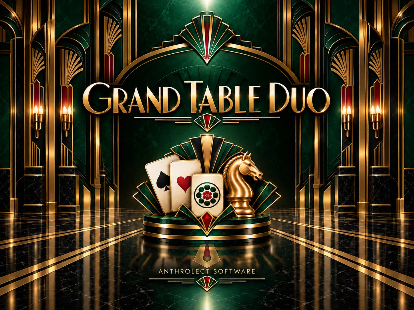 A gilded art-deco card room in gold and emerald, with playing cards, a mahjong tile and a golden chess knight on a pedestal under the name Grand Table Duo.