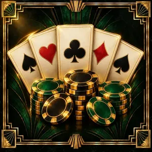 Texas Hold'em: five cards over stacks of emerald chips.